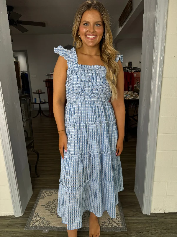 light blue gingham smocked detail midi dress