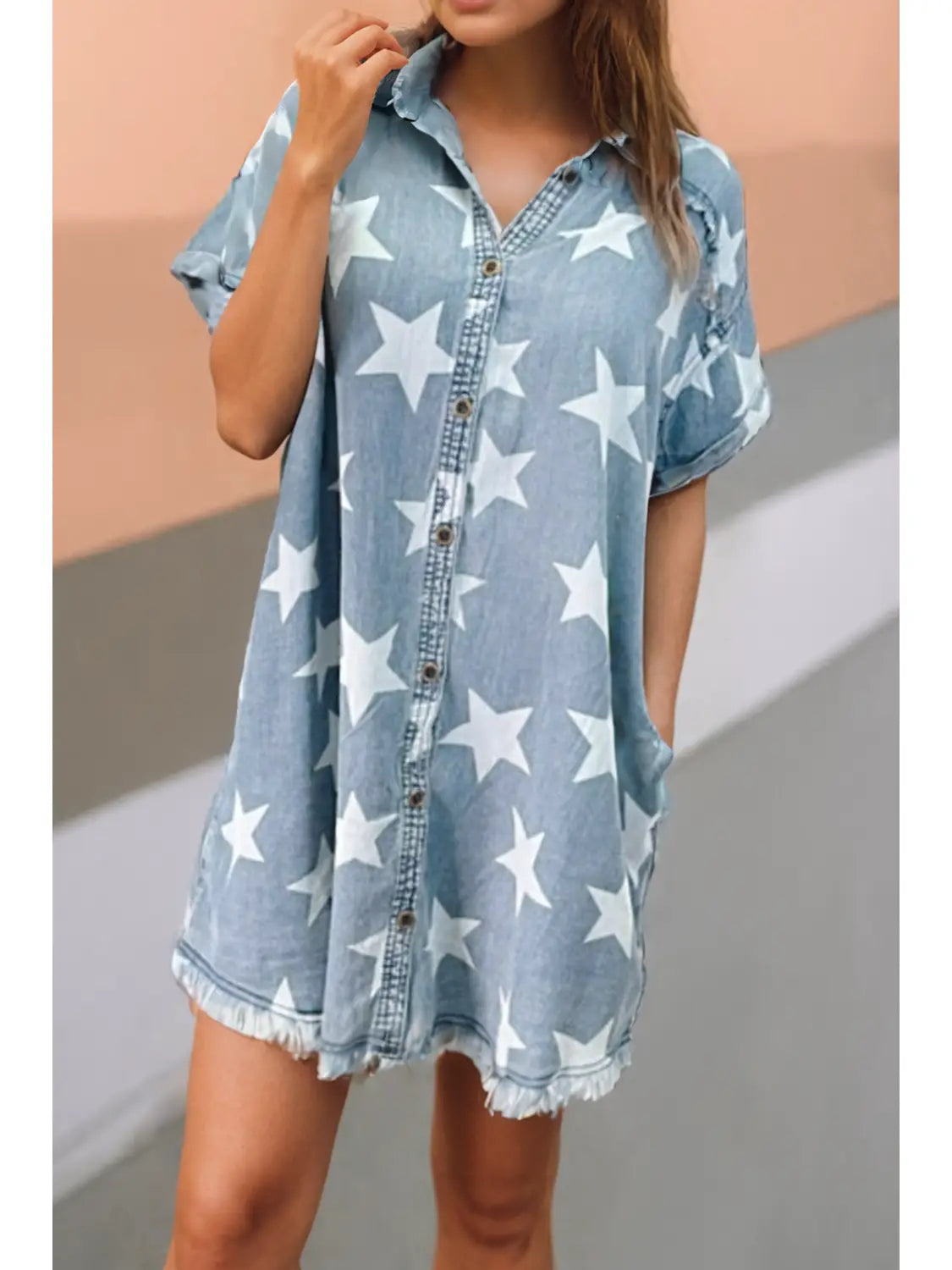 Star Print Frayed Buttoned Shift Denim Mini Dress