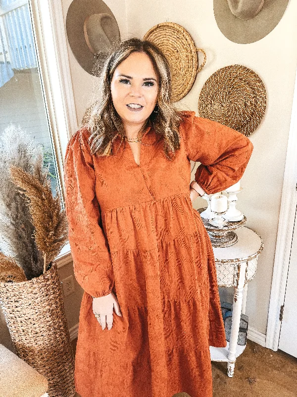 Sweet Glances Long Sleeve Tiered Midi Dress in Rust Orange