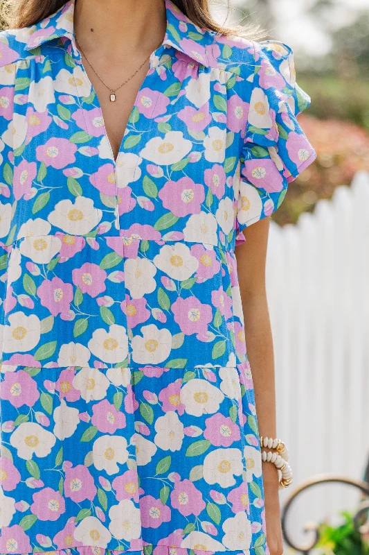 Look You Up Blue & Pink Floral Ruffled Midi Dress