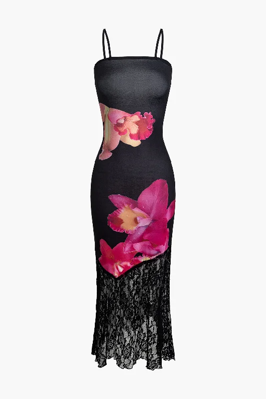 Floral Print Lace Patchwork Slip Maxi Dress