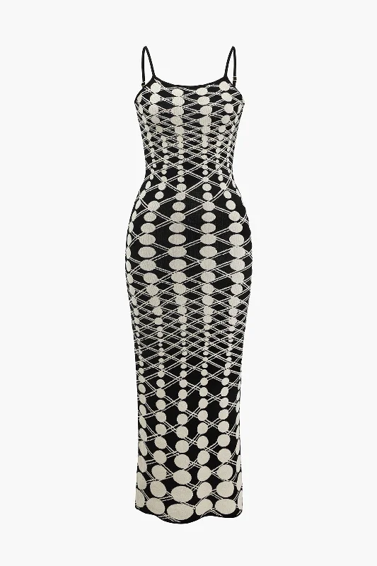 Polka Dots Print Knit Slip Zipper Back Maxi Dress