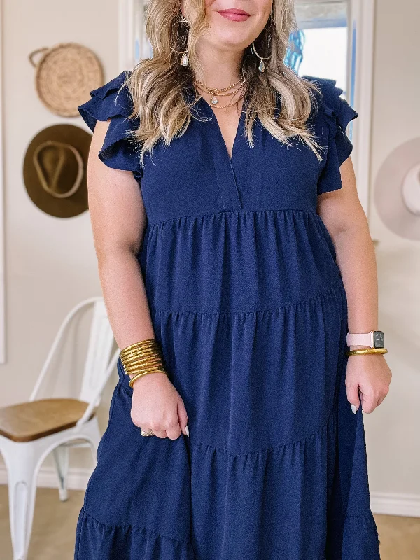 All Of A Sudden Tiered Midi Dress with Ruffle Cap Sleeves in Navy Blue