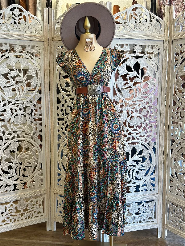 Multi Pattern Maxi Western Dress- Stretchy