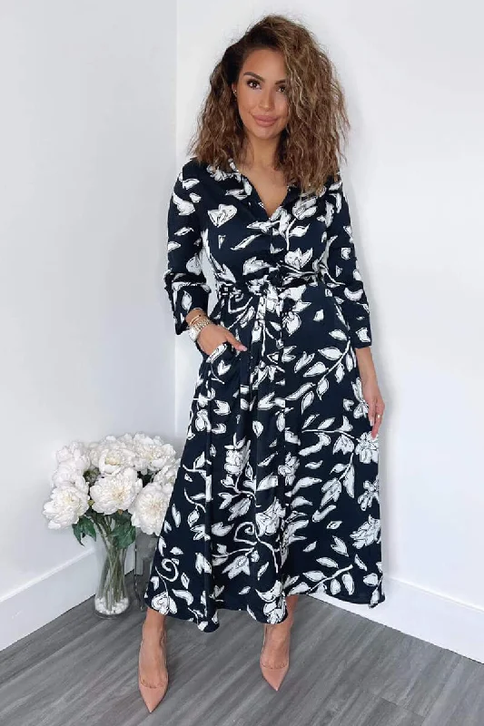 Navy And White Floral Printed Midi Shirt Dress