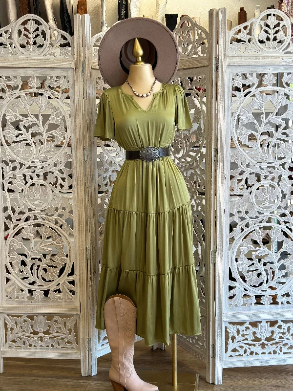 Olive Short Sleeve Maxi Dress- Stretchy