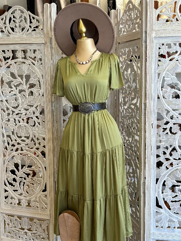 Olive Short Sleeve Maxi Dress- Stretchy