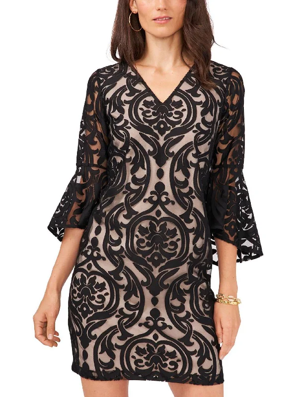 Petites Womens Lace Bell Sleeve Midi Dress