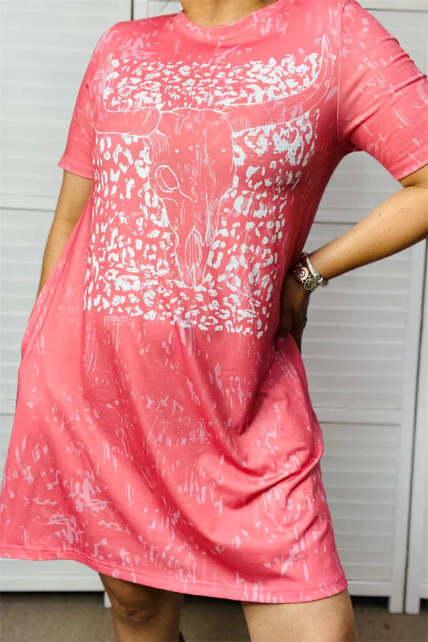 Pink Cow Skull T Shirt Dress with Pockets