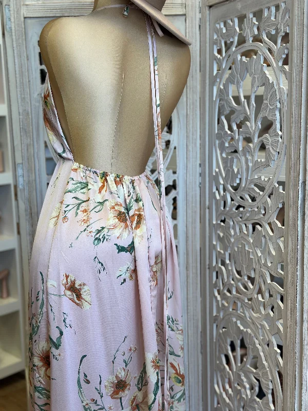 Pink Pattern Open Back Maxi Dress- Slightly Stretchy