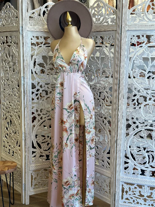 Pink Pattern Open Back Maxi Dress- Slightly Stretchy