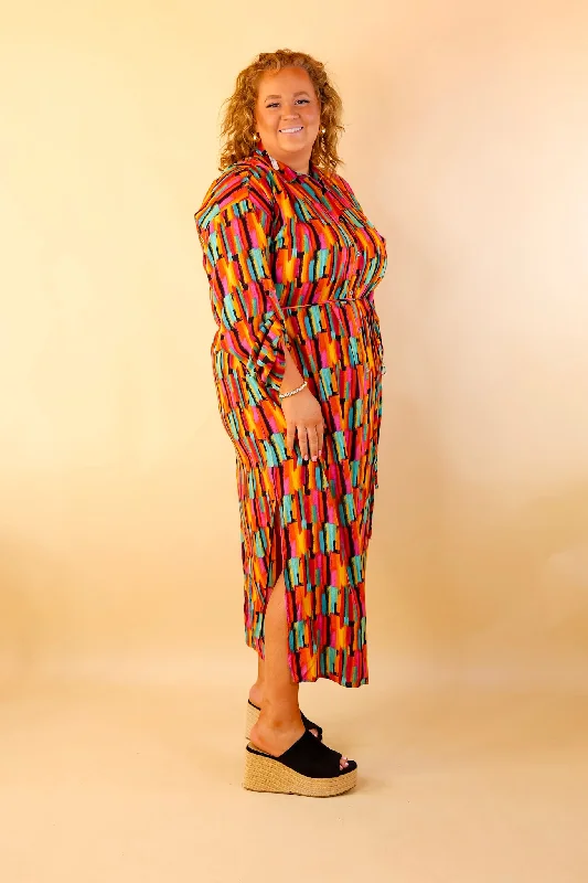 Play It Again Button Up Watercolor Maxi Dress With Embroidered Back