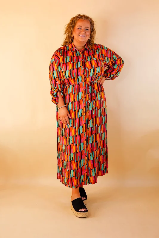 Play It Again Button Up Watercolor Maxi Dress With Embroidered Back