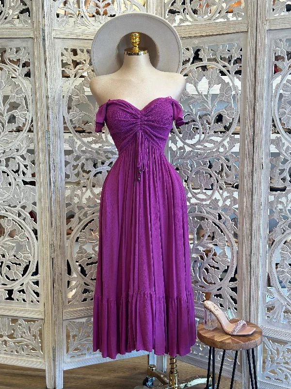 Purple Smocked Linen Maxi Dress- Estira, Stretchy