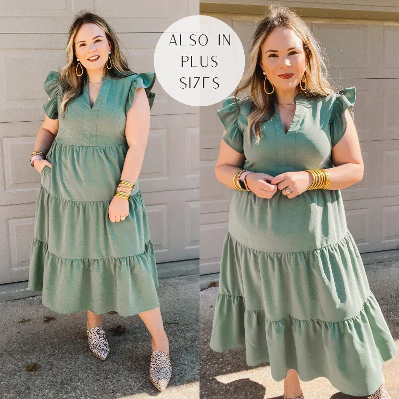 Last Chance Size Large | Magnolia Morning Ruffle Cap Sleeve Tiered Midi Dress in Dusty Sage Green