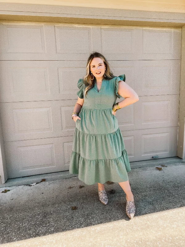 Last Chance Size Large | Magnolia Morning Ruffle Cap Sleeve Tiered Midi Dress in Dusty Sage Green