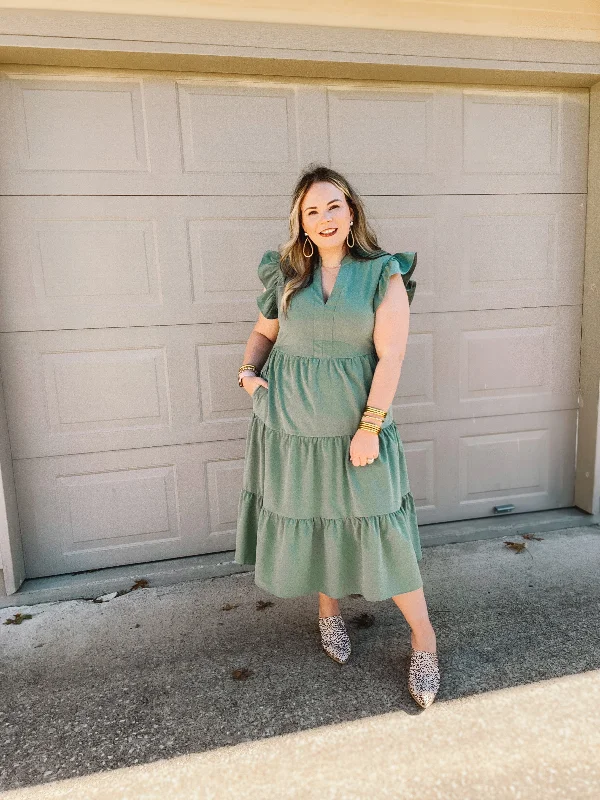 Last Chance Size Large | Magnolia Morning Ruffle Cap Sleeve Tiered Midi Dress in Dusty Sage Green