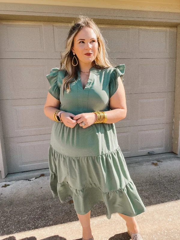 Last Chance Size Large | Magnolia Morning Ruffle Cap Sleeve Tiered Midi Dress in Dusty Sage Green