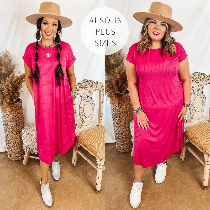 Last Chance Size XL | Chill Looks Short Sleeve Ribbed Midi Dress in Fuchsia Pink