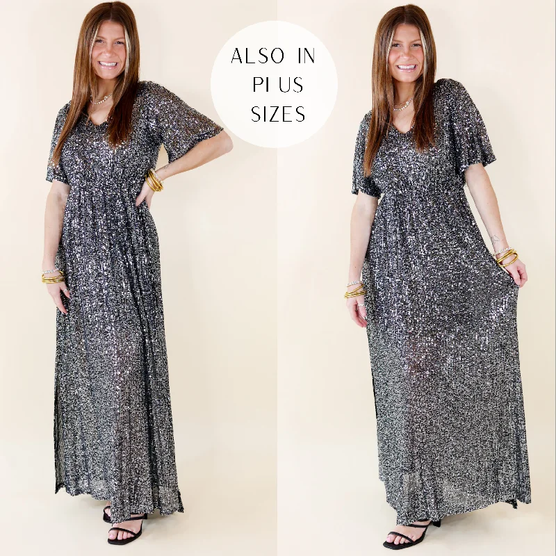 Sparkle In The City Short Sleeve Sequin Maxi Dress in Black