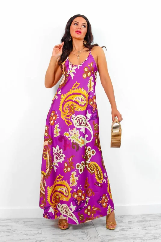 Spring Break - Purple Gold Paisley Print Maxi Slip Dress