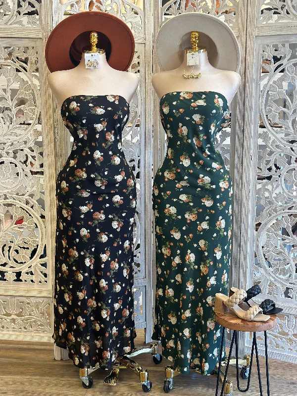 Strapless Flower Pattern Maxi Dress- No Estira, Not Stretchy