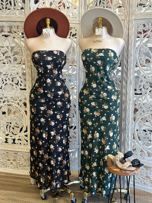 Strapless Flower Pattern Maxi Dress- No Estira, Not Stretchy