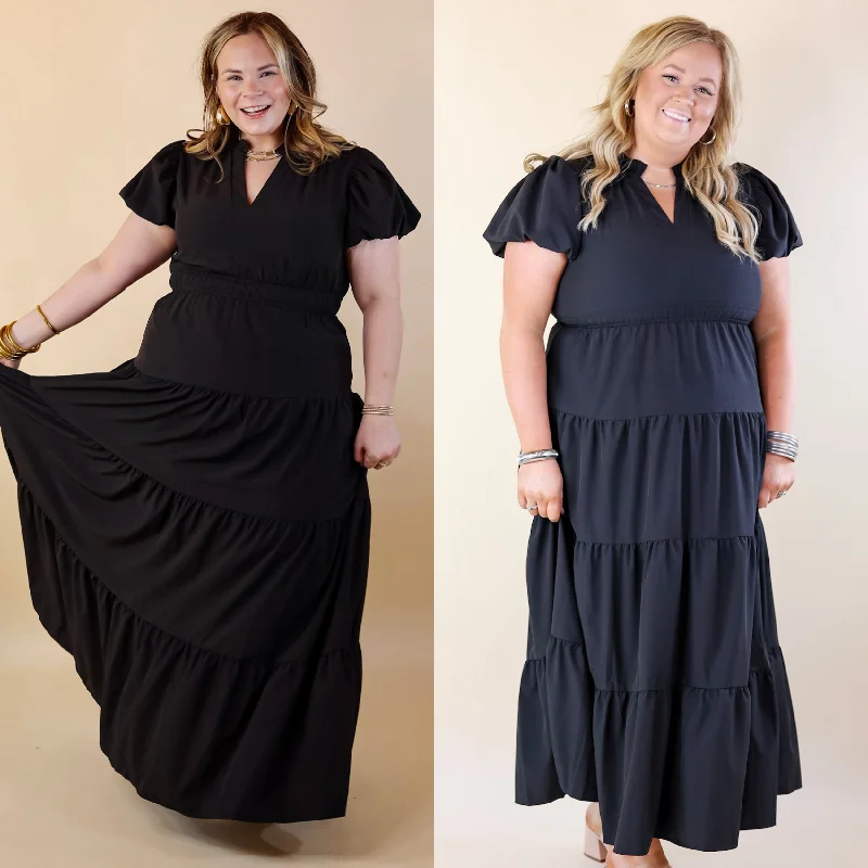 Table for Two Tiered Maxi Dress with Puff Sleeves in Black