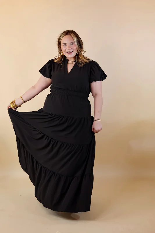 Table for Two Tiered Maxi Dress with Puff Sleeves in Black