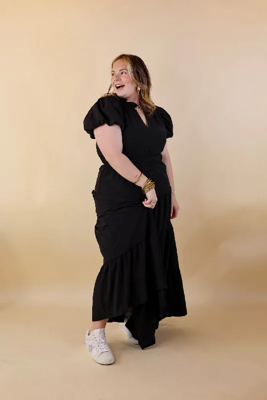 Table for Two Tiered Maxi Dress with Puff Sleeves in Black