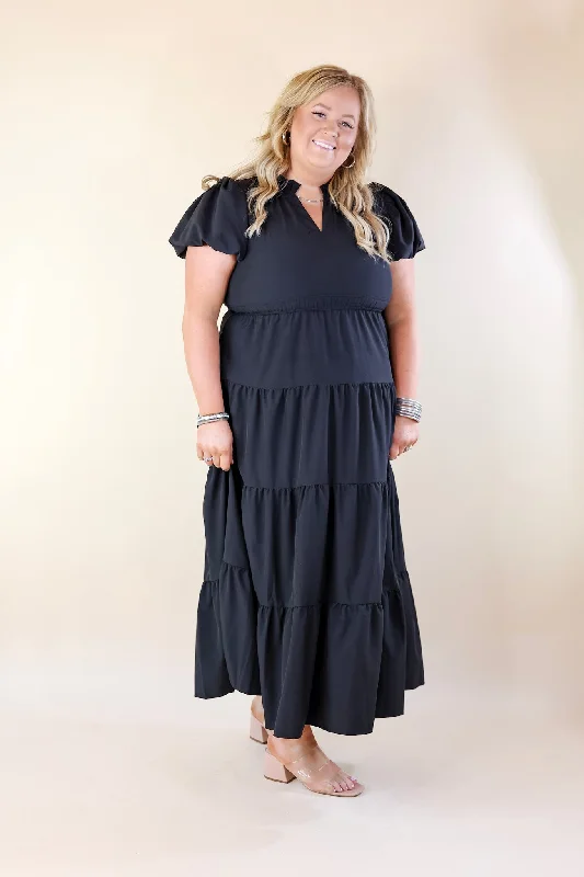 Table for Two Tiered Maxi Dress with Puff Sleeves in Black