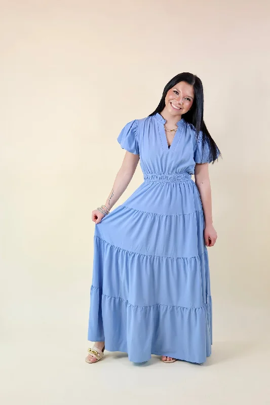 Table for Two Tiered Maxi Dress with Puff Sleeves in Chambray Blue