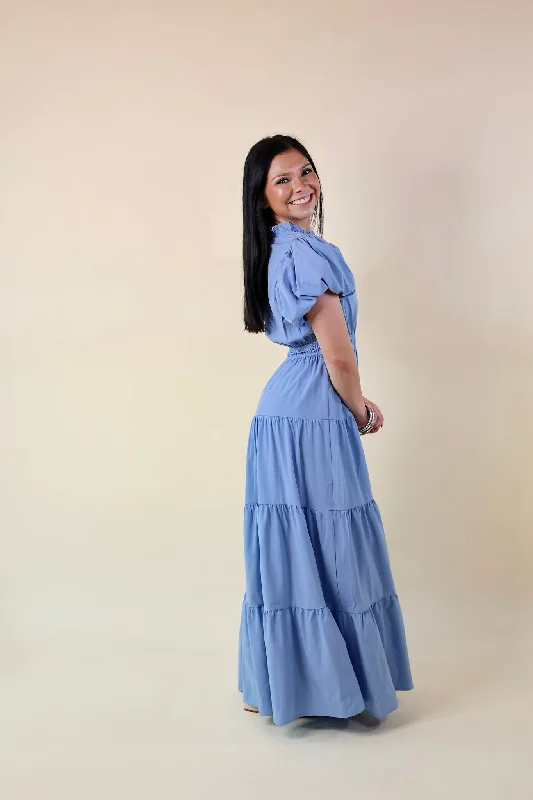 Table for Two Tiered Maxi Dress with Puff Sleeves in Chambray Blue