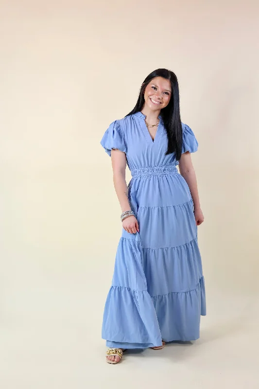 Table for Two Tiered Maxi Dress with Puff Sleeves in Chambray Blue