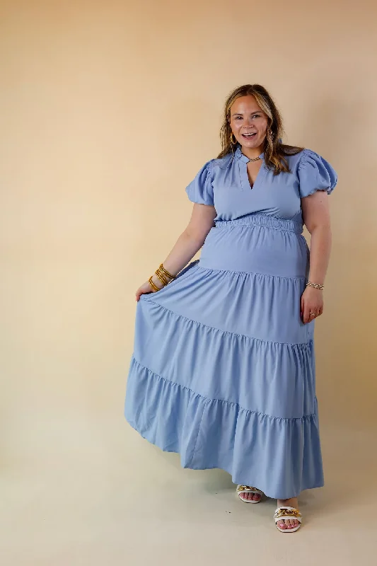 Table for Two Tiered Maxi Dress with Puff Sleeves in Chambray Blue