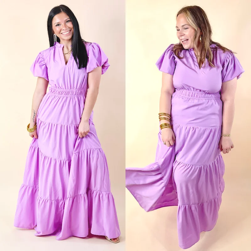 Table for Two Tiered Maxi Dress with Puff Sleeves in Lavender Purple