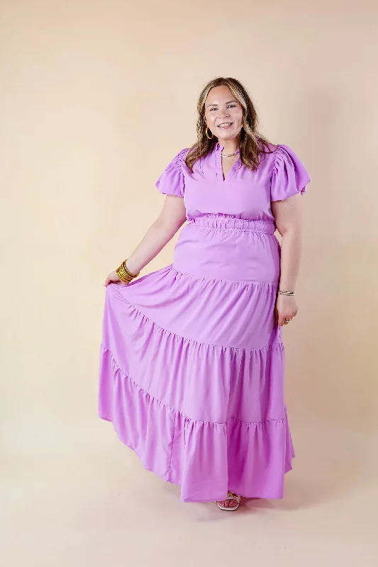 Table for Two Tiered Maxi Dress with Puff Sleeves in Lavender Purple