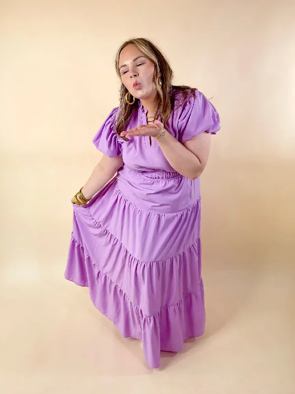 Table for Two Tiered Maxi Dress with Puff Sleeves in Lavender Purple