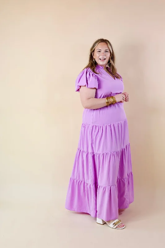 Table for Two Tiered Maxi Dress with Puff Sleeves in Lavender Purple