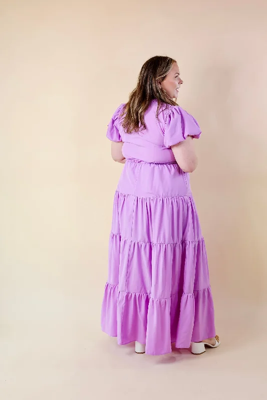 Table for Two Tiered Maxi Dress with Puff Sleeves in Lavender Purple