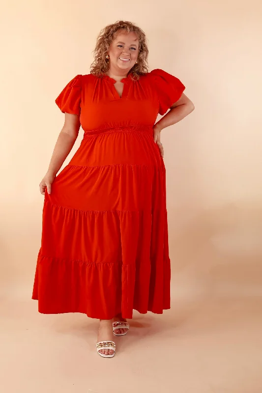 Table for Two Tiered Maxi Dress with Puff Sleeves in Red