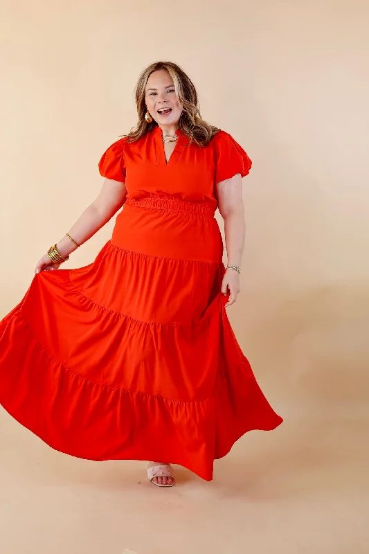 Table for Two Tiered Maxi Dress with Puff Sleeves in Red