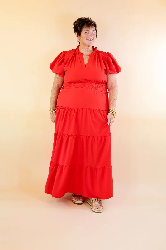 Table for Two Tiered Maxi Dress with Puff Sleeves in Red