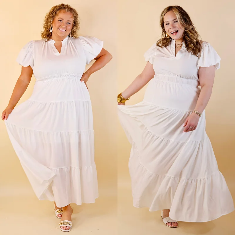 Table for Two Tiered Maxi Dress with Puff Sleeves in White