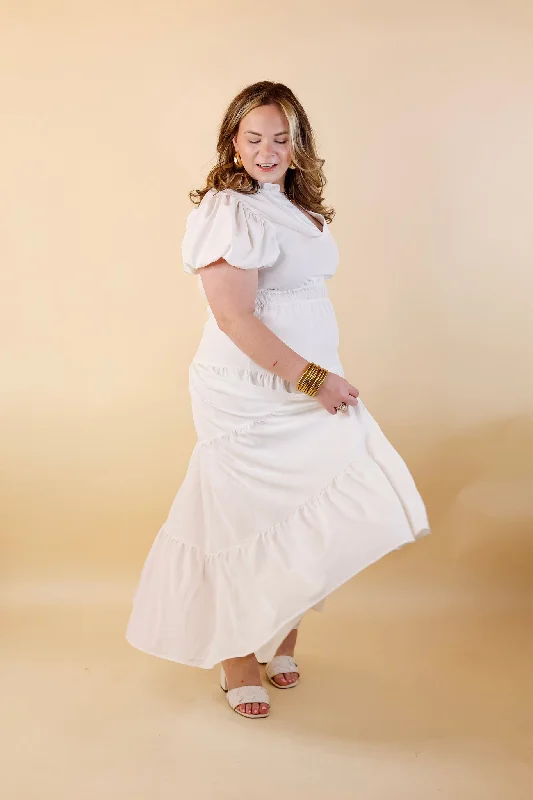 Table for Two Tiered Maxi Dress with Puff Sleeves in White