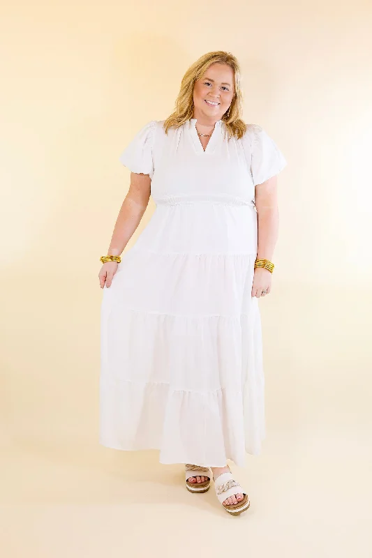 Table for Two Tiered Maxi Dress with Puff Sleeves in White