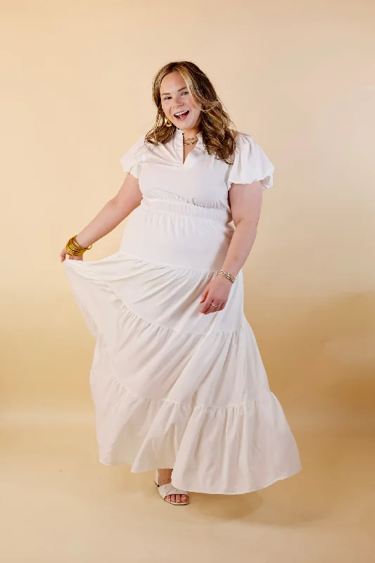 Table for Two Tiered Maxi Dress with Puff Sleeves in White