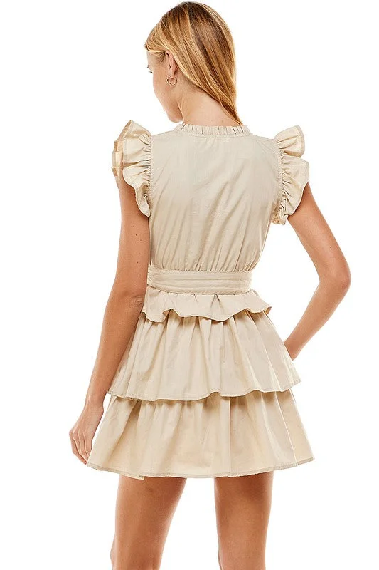 Tan Ruffle Sleeve Dress with Tiered Ruffle Mini