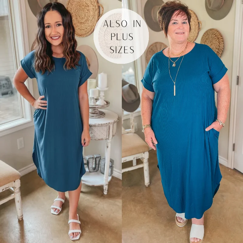 Last Chance Size XL | Chill Looks Short Sleeve Ribbed Midi Dress in Teal