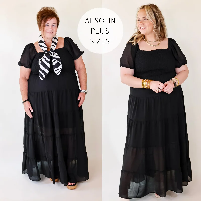 Honeysuckle Love Tiered Maxi Dress with Smocked Bodice in Black